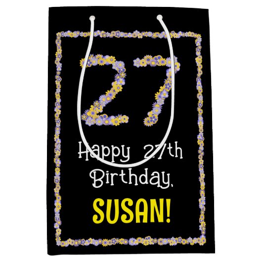 27誕生日:フローラ花数名前をカスタムする ミディアムペーパーバッグ (正面)