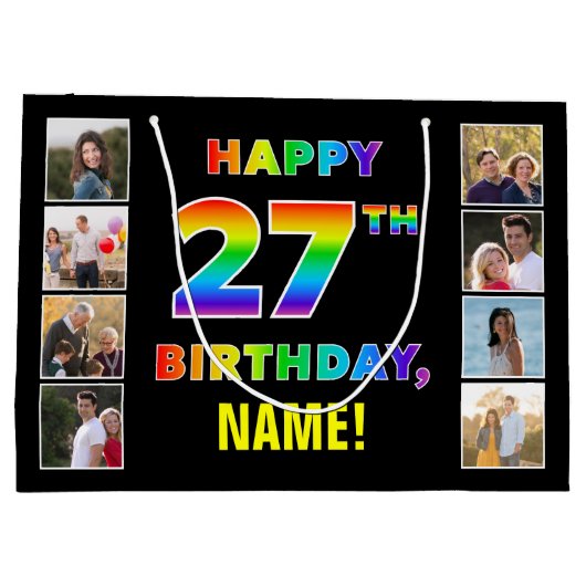 27誕生日:レインボー文字カスタム、写真&名前 ラージペーパーバッグ (裏面)
