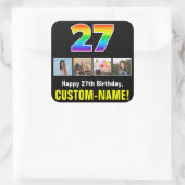 27誕生日:レインボー「27」、写真カスタムと名前 スクエアシール (バッグ)