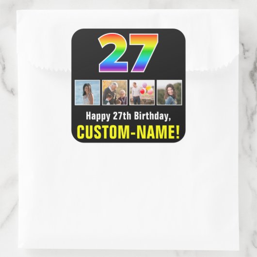 27誕生日:レインボー「27」、写真カスタムと名前 スクエアシール (バッグ)