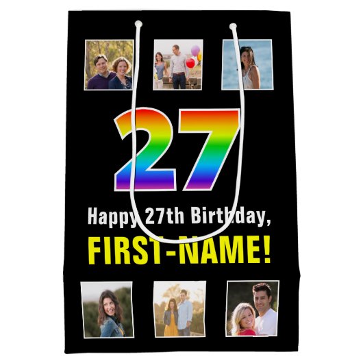 27誕生日:レインボー「27」、写真カスタムと名前 ミディアムペーパーバッグ (裏面)