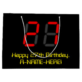 27誕生日：レッドデジタルクロックスタイル"27" +名前 ラージペーパーバッグ