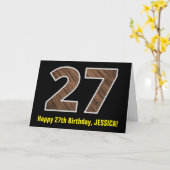 27誕生日：名前+フェイク木目パターン「27」 カード (黄色い花)