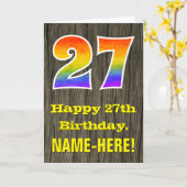 27誕生日:素朴ウッドルックフェイク、虹"27" カード (黄色い花)