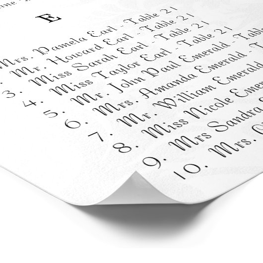 270 - 300 Guests Black Damask Seating Chart ポスター (角)