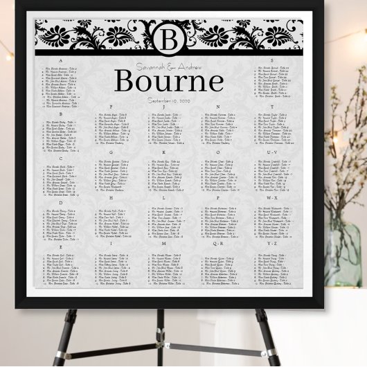 270 - 300 Guests Black Damask Seating Chart ポスター