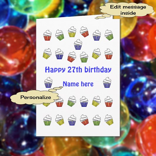 27thバースデーカップケーキの名パーソナライズされた前 カード