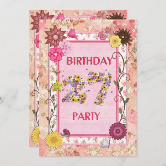 27th誕生日パーティーへの招待とフローラ枠 招待状 (正面/裏面)