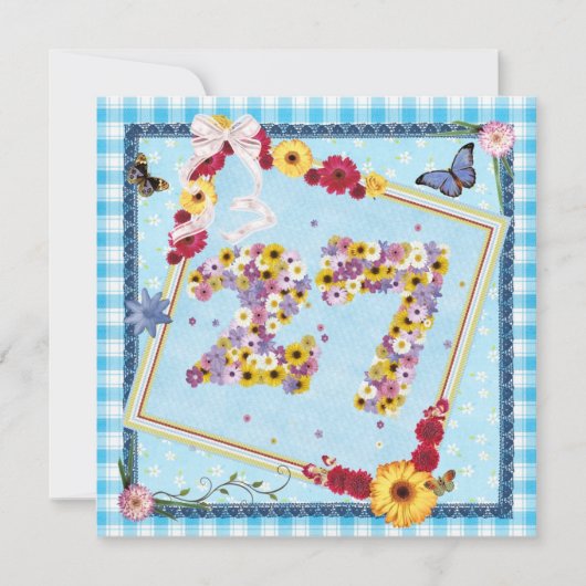 27th誕生日パーティー招待花、蝶 招待状 (正面)