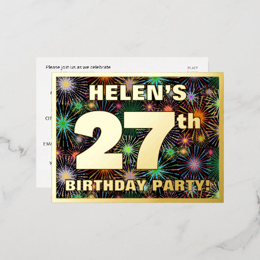 27th誕生日パーティー:, はっきりした Fireworksカラフル Look 箔招待状ポストカード (正面/裏面)
