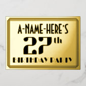 27th誕生日パーティー:アールデコの外観"27"と名前 箔招待状 (正面)