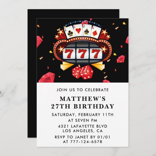 27th birthday invitations Casino theme Poker Black 招待状 (正面/裏面)
