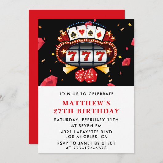 27th birthday invitations Casino theme Poker Red 招待状 (正面/裏面)