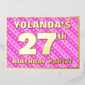 27th Birthday Party —おもしろいピンクのハートとストライプ 箔招待状 (正面)