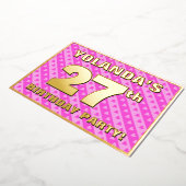 27th Birthday Party —おもしろいピンクのハートとストライプ 箔招待状 (回転した状態)