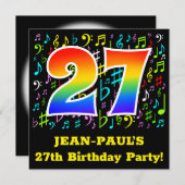 27th Birthday Party:おもしろい音楽シンボルRainbow 27 招待状 (正面/裏面)
