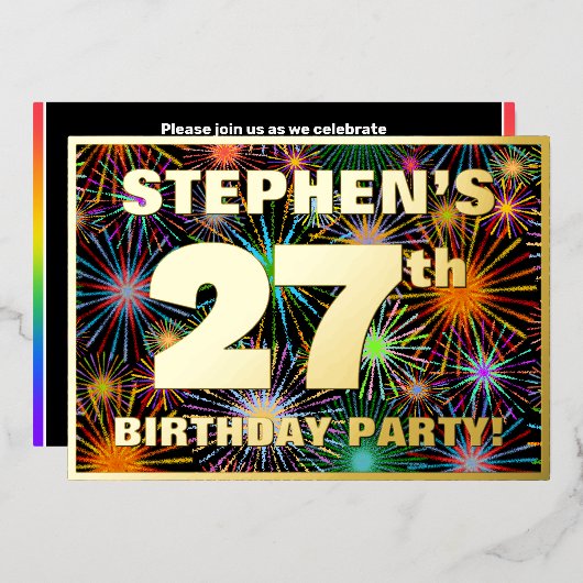 27th Birthday Party —おもしろい、カラフルFireworks Look 箔招待状 (正面/裏面)