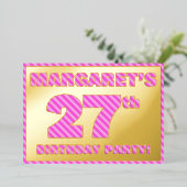 27th Birthday Party —はっきりした、おもしろい、ピンクストライプ色27 箔招待状 (立ち正面)