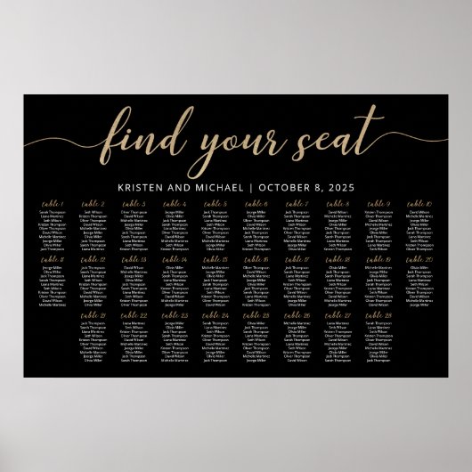 28テーブル席の黒い座席表プランを見つける ポスター (正面)