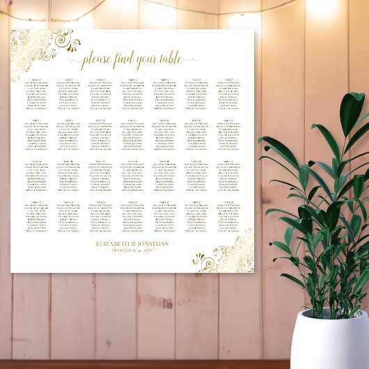 28テーブル結婚の座席表ホワイトおよび金ゴールドフリル ポスター