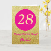 28ハッピーバースデーホットピンク&金ゴールドグリッター カード (黄色い花)