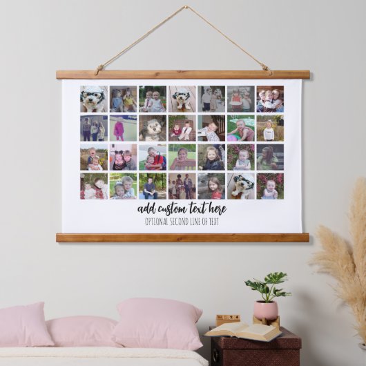 28写真コラージュ – ファミリ文字下部 – 白 吊り下げ型タペストリー (寝室)