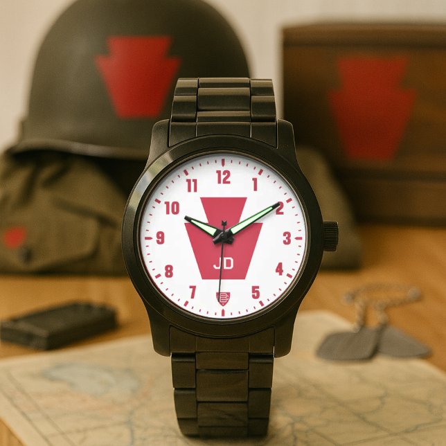28歩兵師団「キーストーン」師団パーソナライズ 腕時計 (28th Infantry "Keystone" Division Personalized Black Stainless Steel Watch)