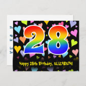 28歳の誕生日おめでとう:楽しいハート柄、虹 28 ポストカード (正面/裏面)