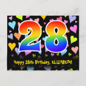 28歳の誕生日おめでとう:楽しいハート柄、虹 28 ポストカード (正面)
