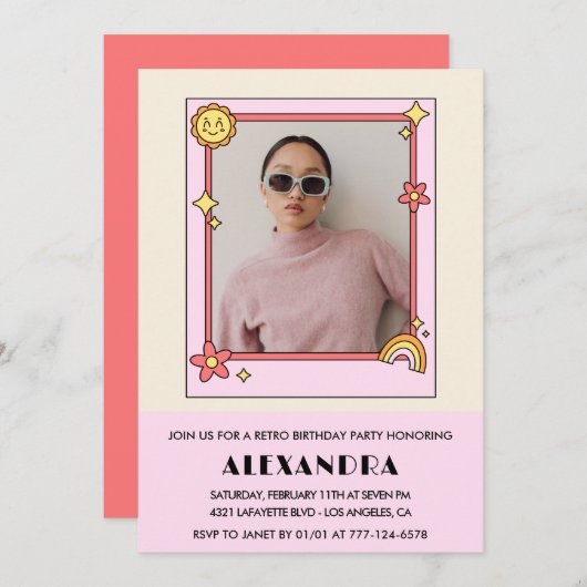 28歳の誕生日の招待レトロフォトピンクフローラ 招待状 (正面/裏面)