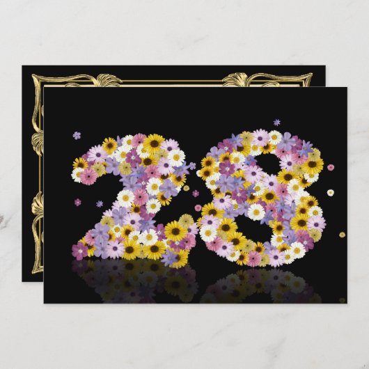 28歳の誕生日パーティー、花が咲く文字 招待状 (正面/裏面)