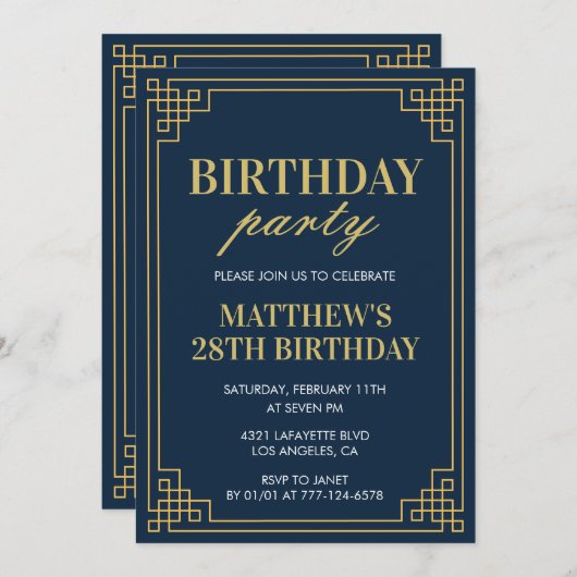 28歳の誕生日招待状誕生日パーティー少年の海軍 招待状 (正面/裏面)