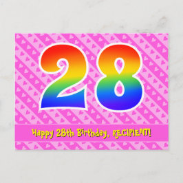 28歳の誕生日:ピンクのストライプとハート、虹色の28 ポストカード
