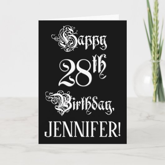 28番目の誕生日: ファンシー、スクリプエレガントト+名前をカスタムする カード (正面)