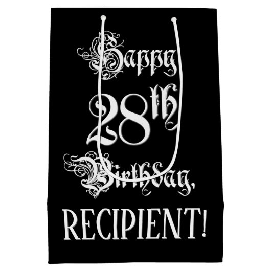 28番目の誕生日: ファンシー、スクリプエレガントト+名前をカスタムする ミディアムペーパーバッグ (裏面)