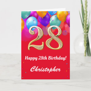 28誕生日赤と金ゴールド吹きカラフル出 カード