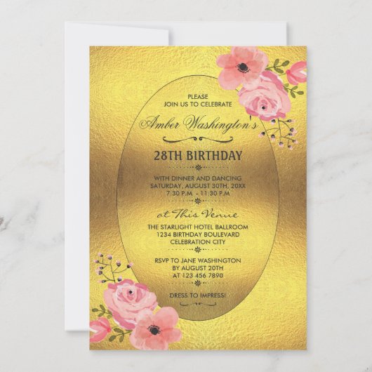 28誕生日金フェイク箔水彩花 招待状 (裏面)