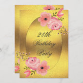 28誕生日金フェイク箔水彩花 招待状 (正面/裏面)