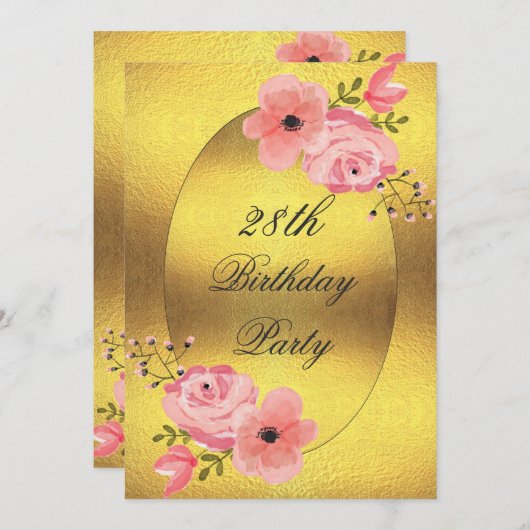 28誕生日金フェイク箔水彩花 招待状 (正面/裏面)
