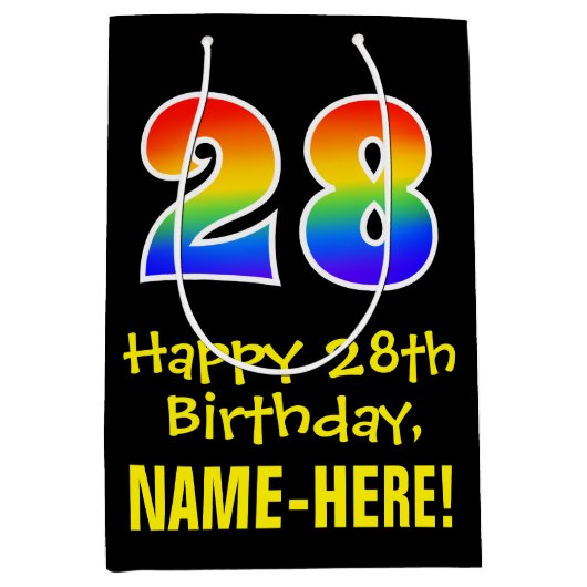 28誕生日:おもしろいはっきりした、カラフルレインボー「28」 ミディアムペーパーバッグ (正面)
