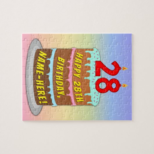 28誕生日:おもしろいケーキとキャンドル+名前をカスタムする ジグソーパズル (横)