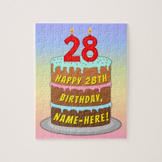 28誕生日:おもしろいケーキとキャンドル+名前をカスタムする ジグソーパズル (縦)