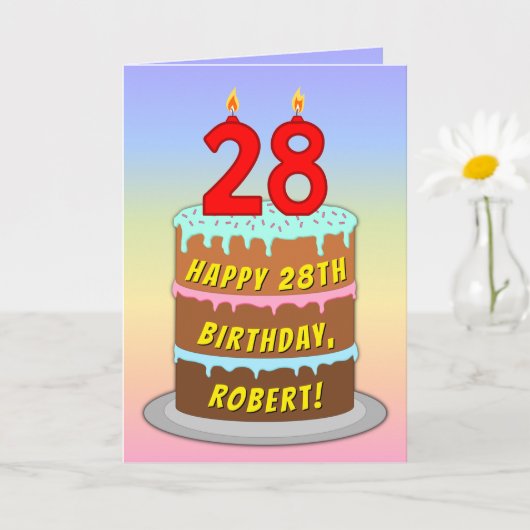 28誕生日—おもしろいケーキ&キャンドル、名前をカスタムする付き カード (小さな植物)