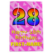 28誕生日:おもしろいピンクのハートストライプ; Rainbow 28 ミディアムペーパーバッグ (正面)