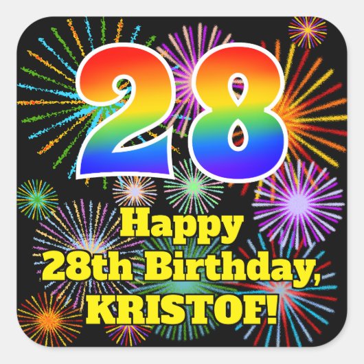 28誕生日:おもしろい花火ルック、虹# 28 スクエアシール (正面)