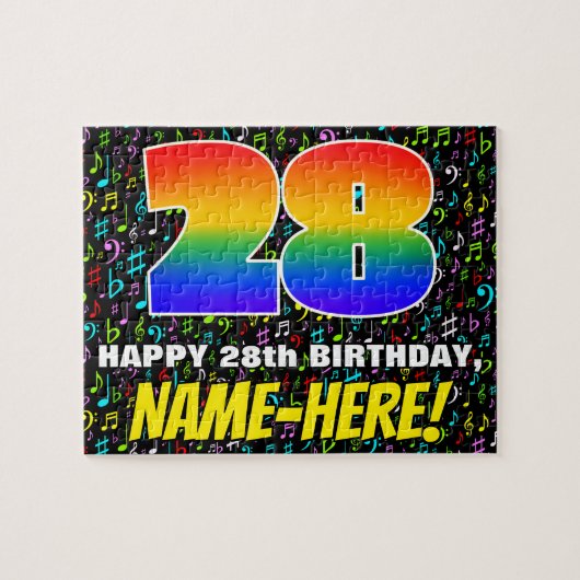 28誕生日:おもしろい、カラフル音楽シンボル、「28」 ジグソーパズル (横)