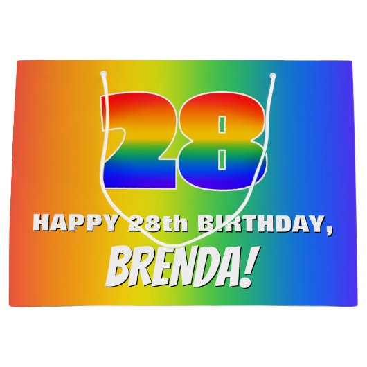 28誕生日: カラフル、おもしろいレインボーパターン# 28 ラージペーパーバッグ (正面)