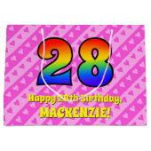 28誕生日:ピンクストライプのハート、レインボー# 28 ラージペーパーバッグ (正面)
