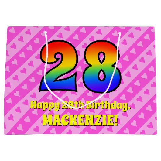 28誕生日:ピンクストライプのハート、レインボー# 28 ラージペーパーバッグ (正面)