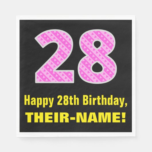 28誕生日:ピンクストライプ色のハートと"28" +名前 スタンダードランチョンナプキン (正面)
